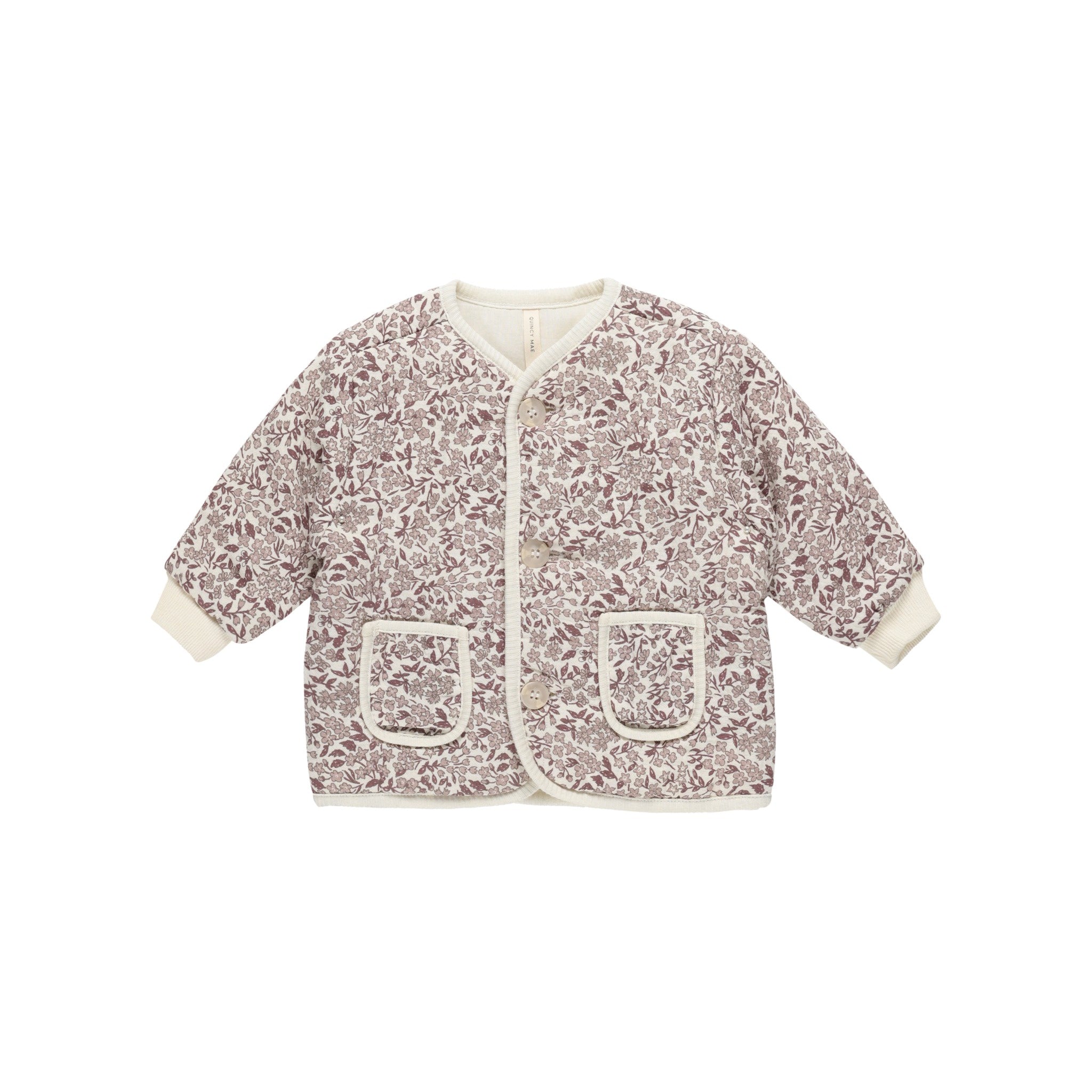 Quincy Mae Quilted V-Neck Button Jacket - Mauve Ditsy