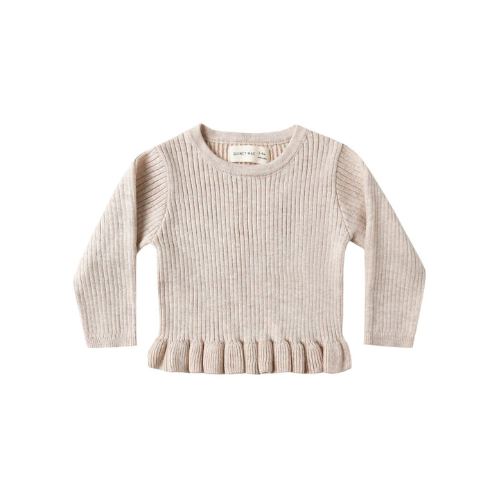 PRE-ORDER Quincy Mae Rib Knit Peplum Top - Heathered Oatmeal