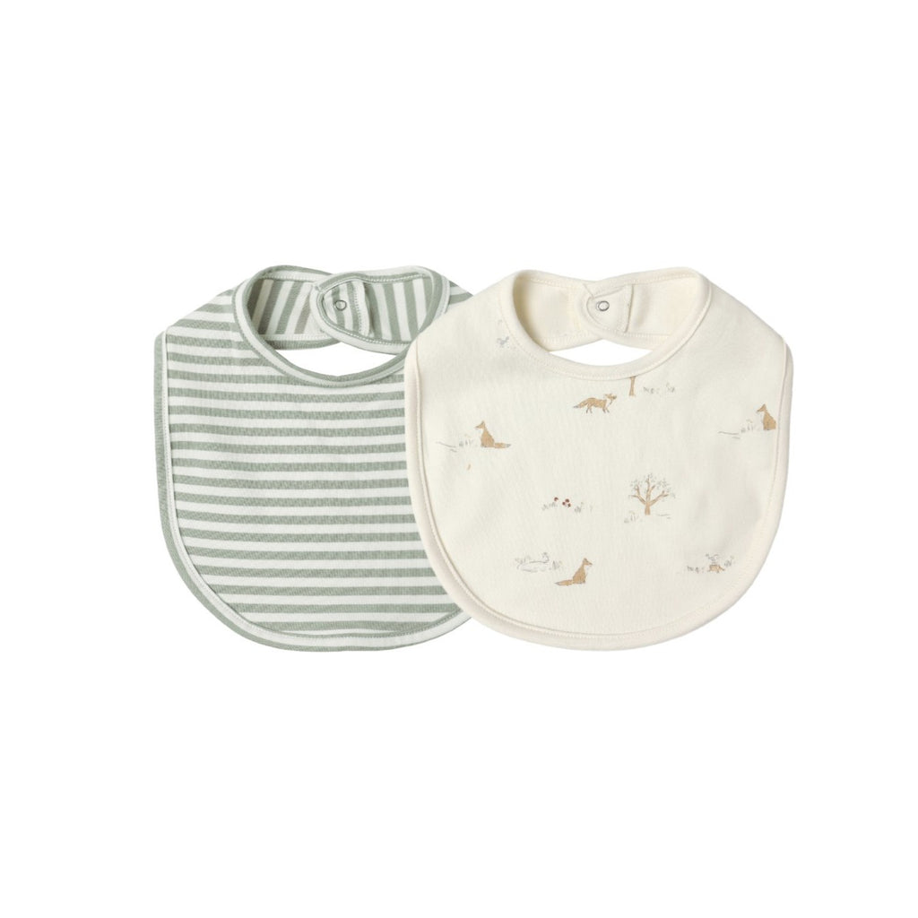Quincy Mae Jersey Snap Bib, 2 Pack - Fox Land, Fern Stripe