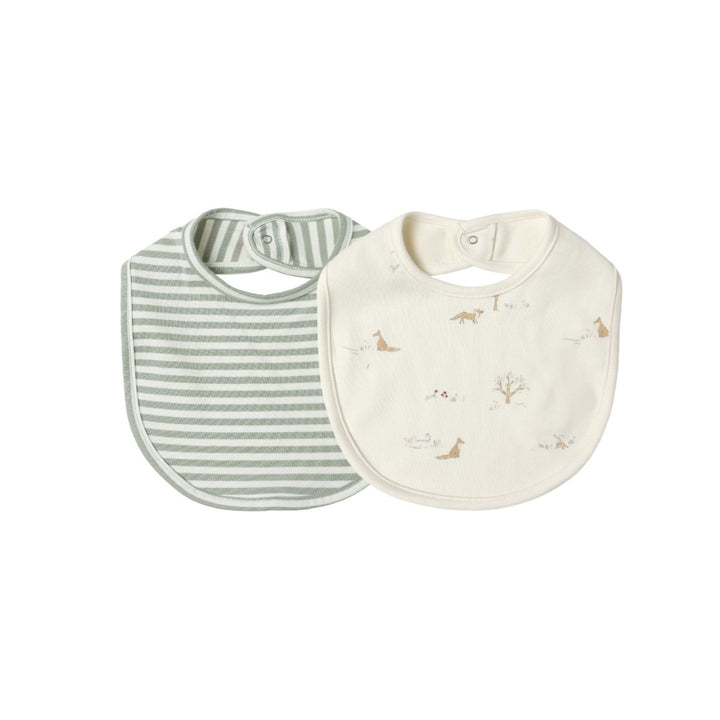 PRE-ORDER Quincy Mae Jersey Snap Bib, 2 Pack || Fox Land, Fern Stripe