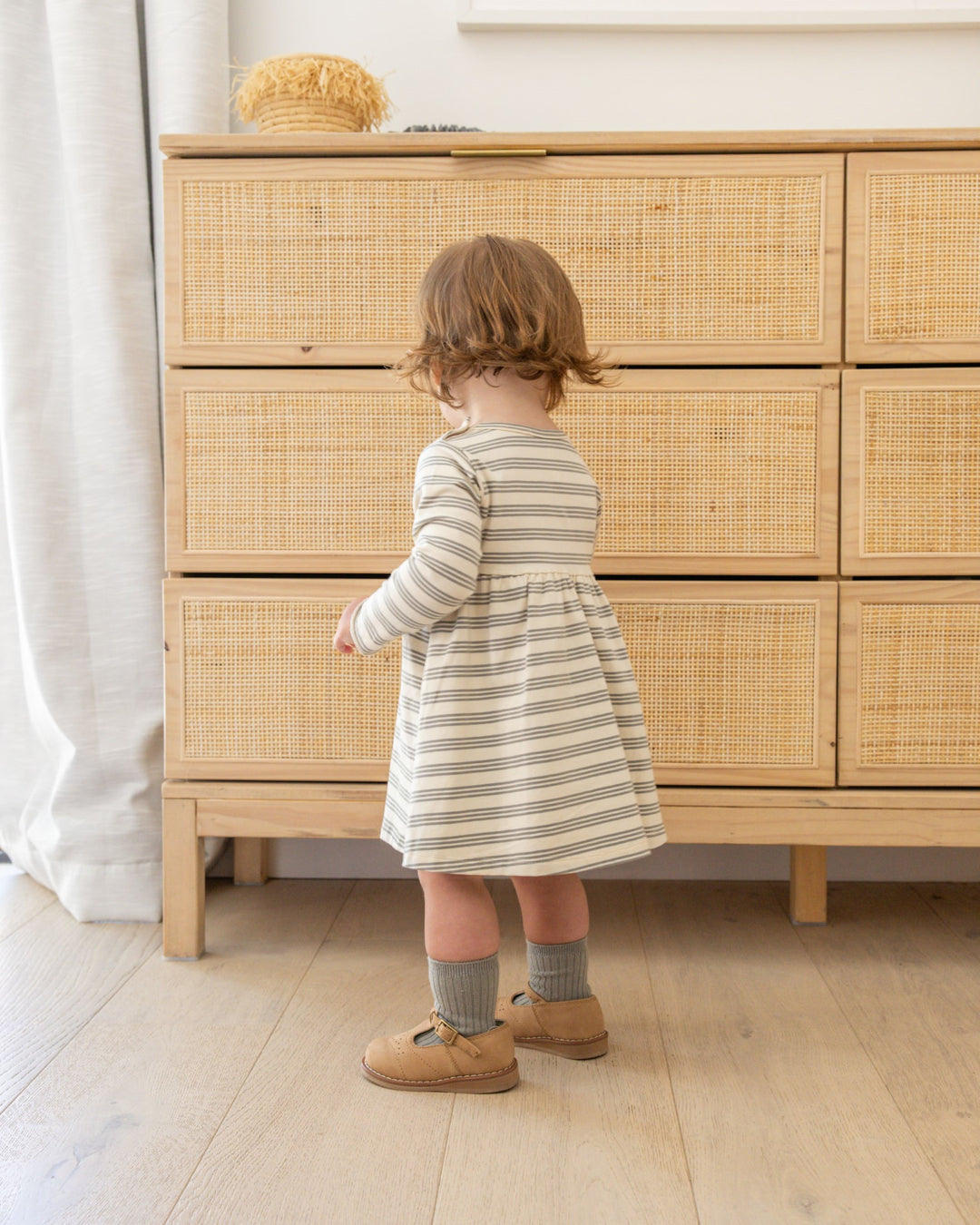 Quincy Mae Long Sleeve Baby Dress - Basil Stripe