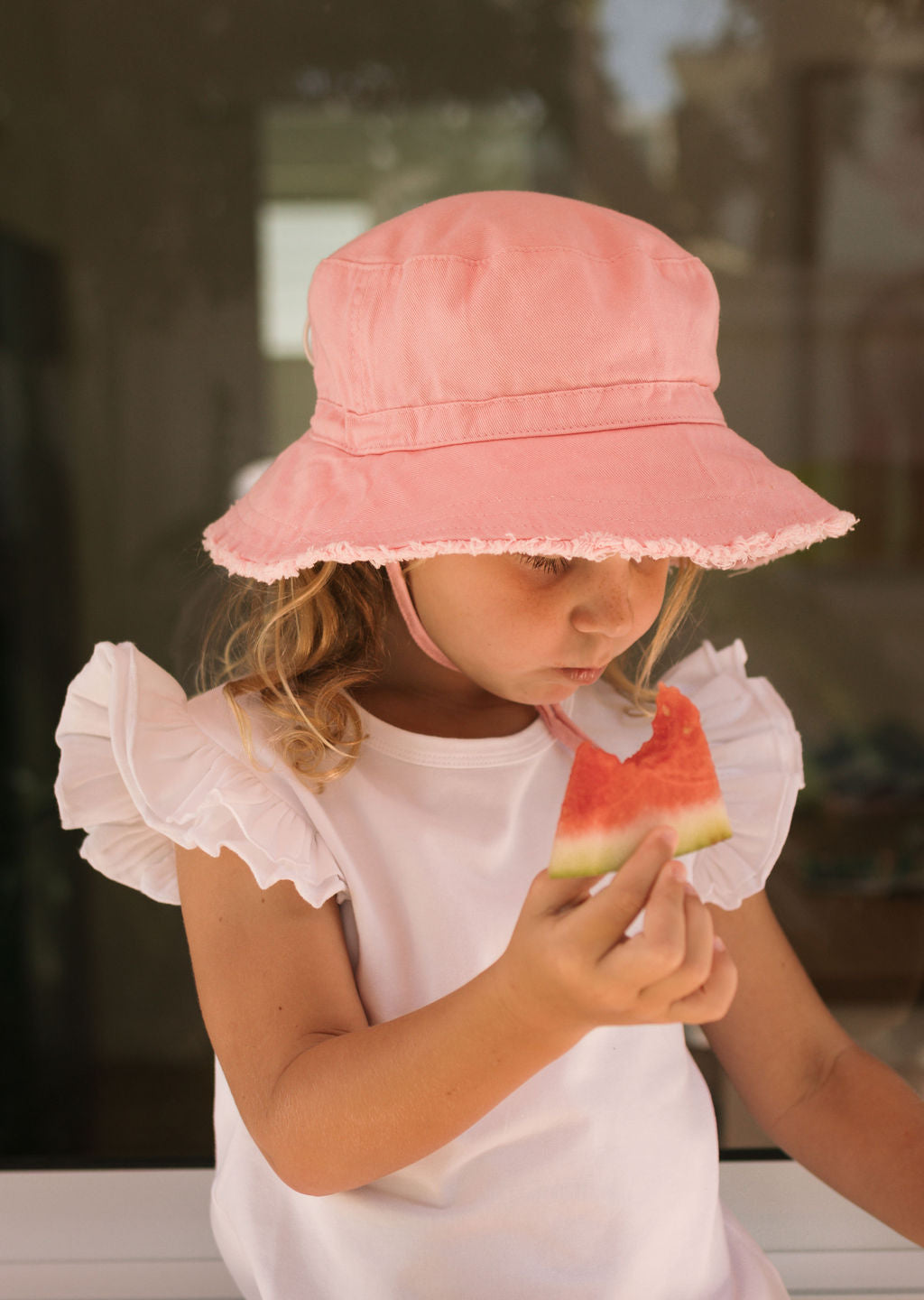 Acorn Strawberry Frayed Bucket Hat