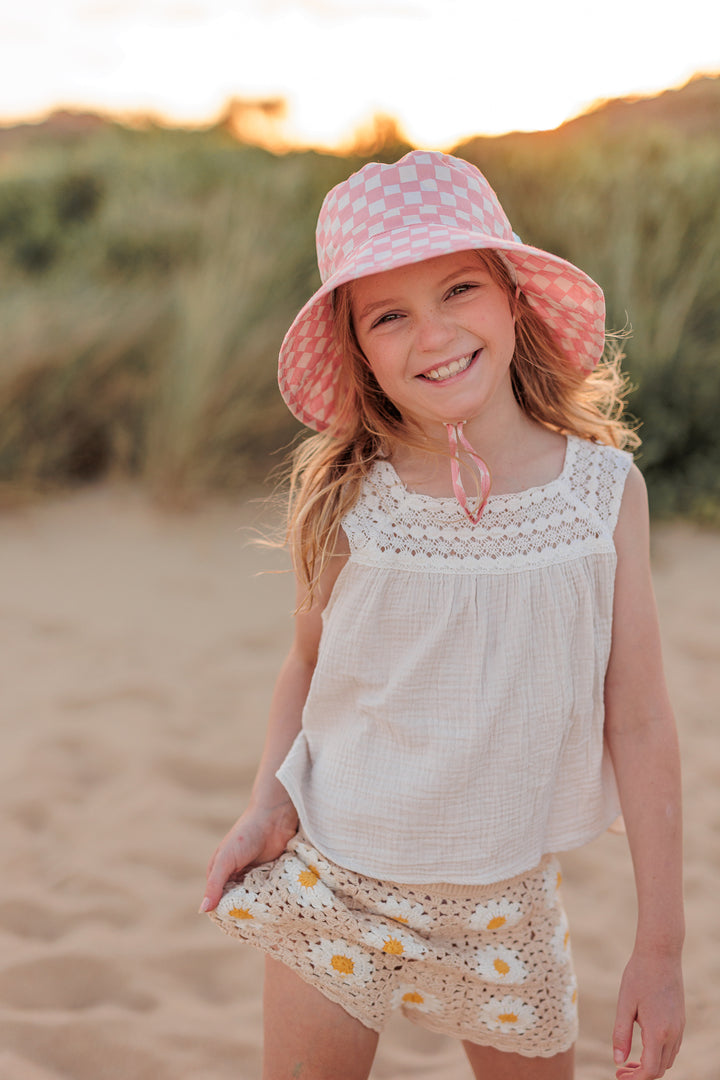 Acorn Pink Checks Broad Brim Bucket Hat