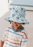 Blue Checked Palms Wide Brim Bucket Hat