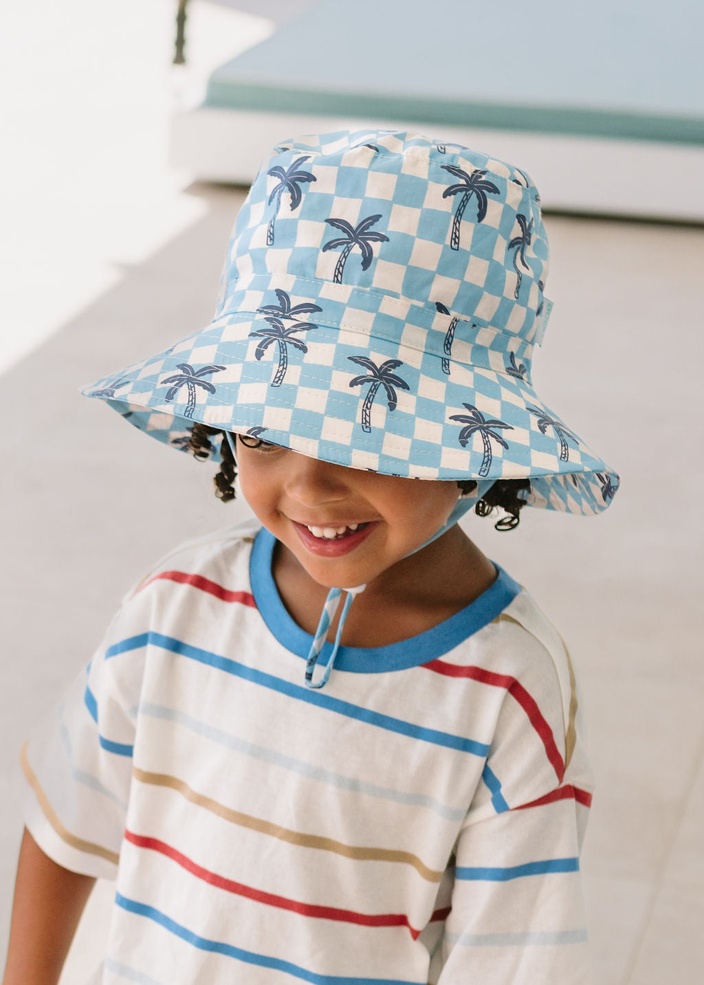 Blue Checked Palms Wide Brim Bucket Hat