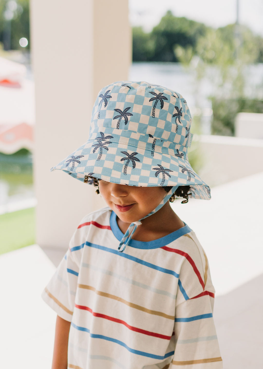 Blue Checked Palms Wide Brim Bucket Hat