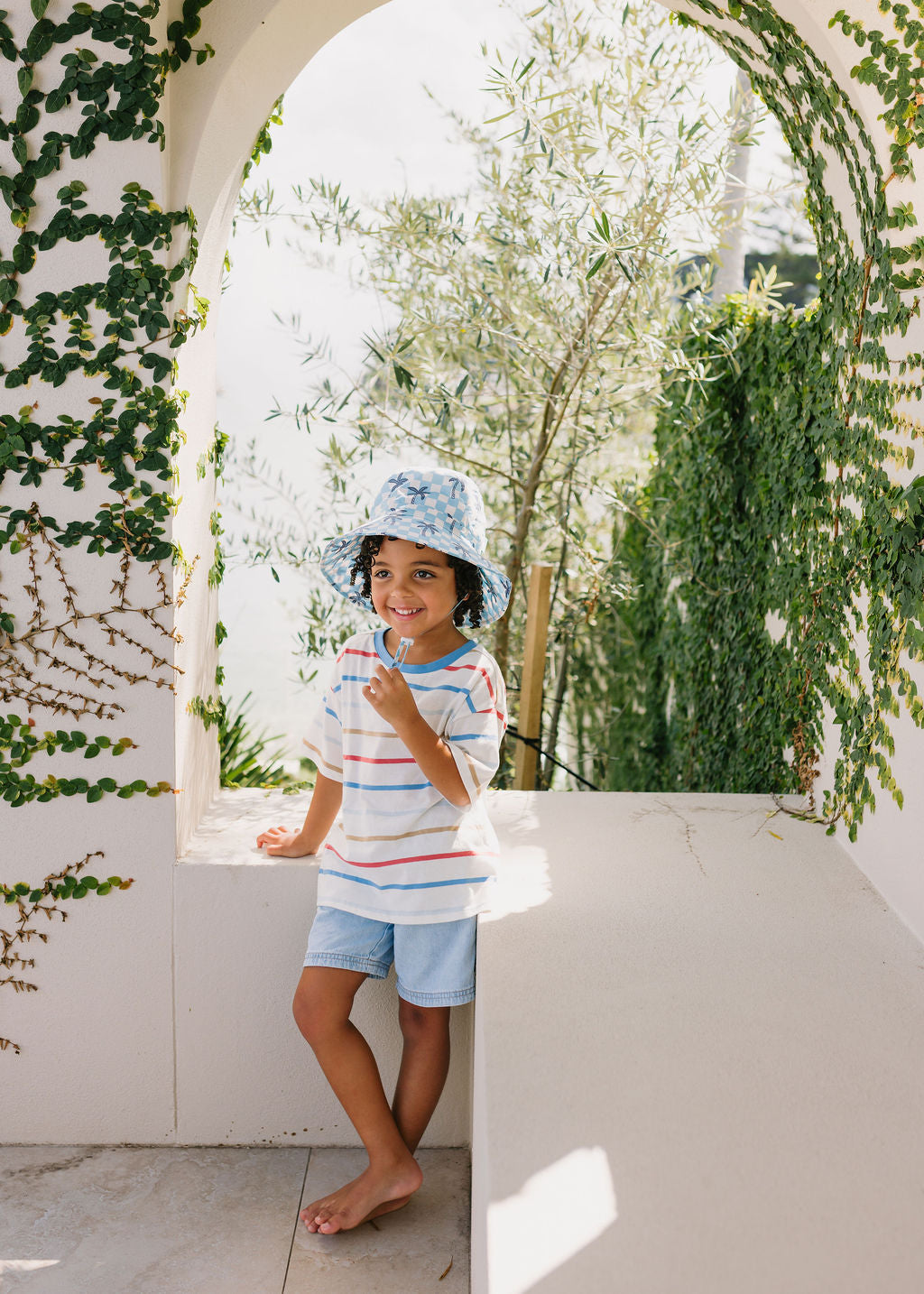 Blue Checked Palms Wide Brim Bucket Hat