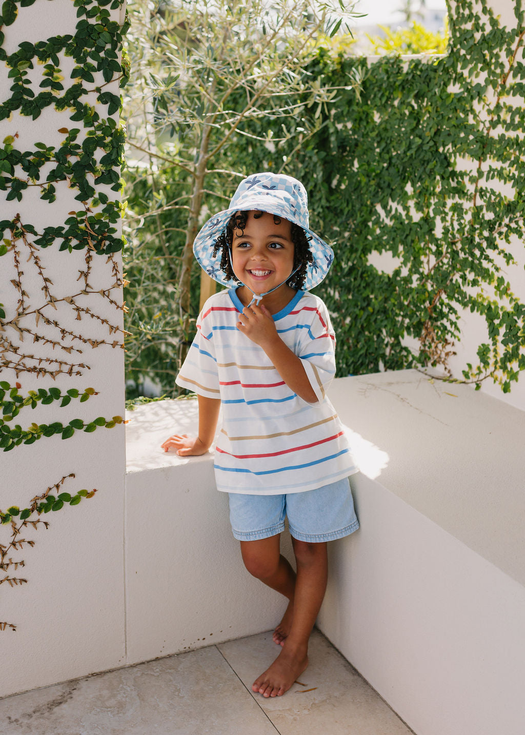 Blue Checked Palms Wide Brim Bucket Hat