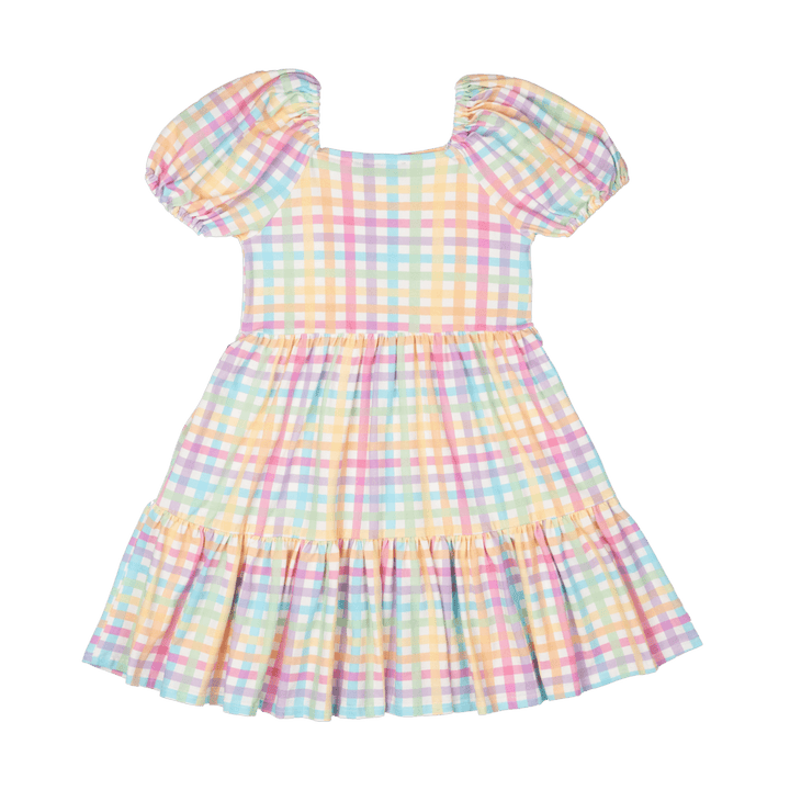 Rock Your Baby Puff Sleeve Dress - Rainbow Plaid