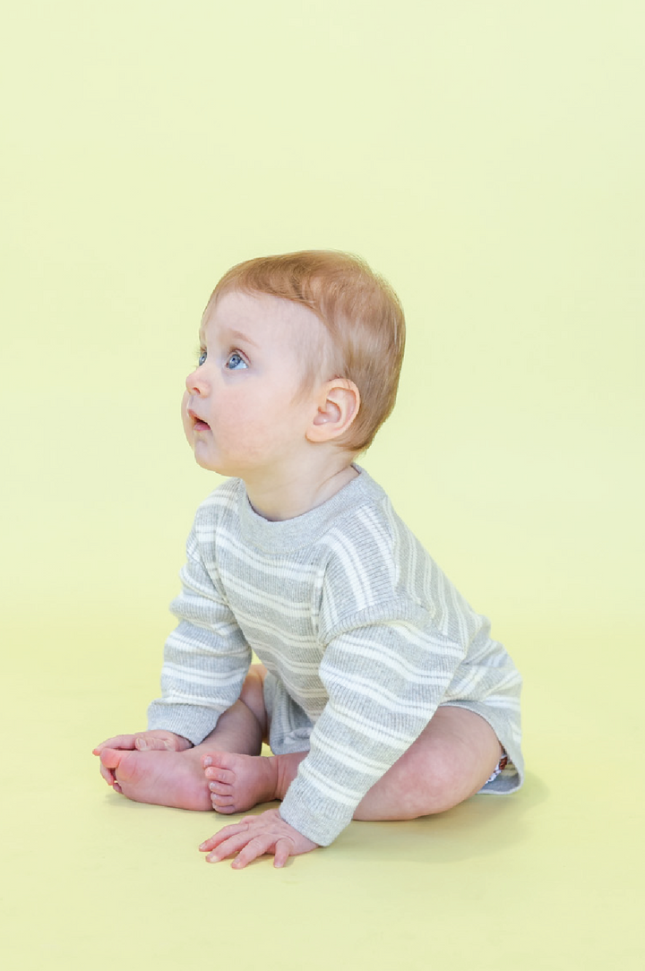 Grown Ribbed Stripe Romper - Grey Marle/Milk
