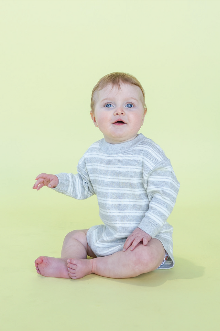 Grown Ribbed Stripe Romper - Grey Marle/Milk