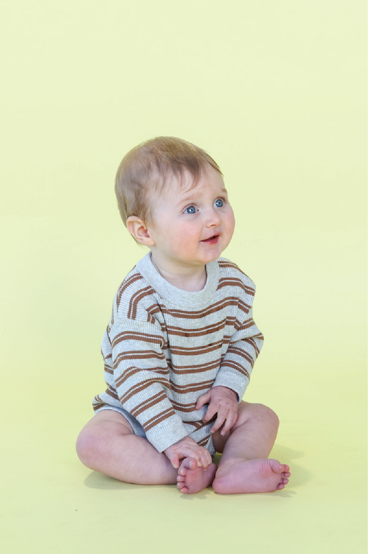 Grown Ribbed Stripe Romper - Grey Marle/Brown