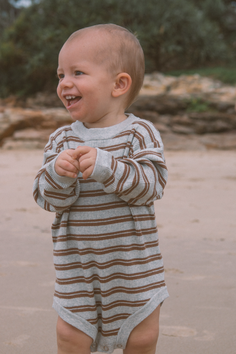 Grown Ribbed Stripe Romper - Grey Marle/Brown