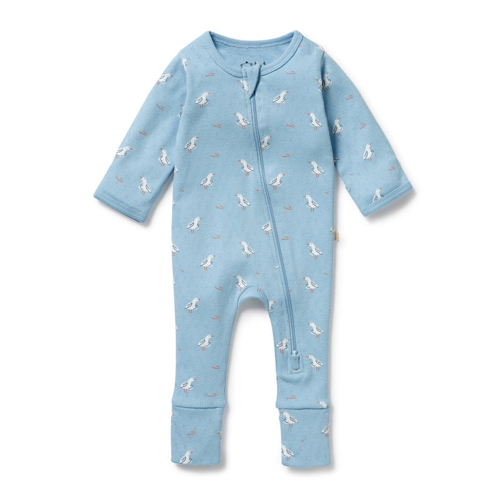 Wilson & Frenchy Organic Pointelle Zipsuit with Feet - Sunny Seagulls