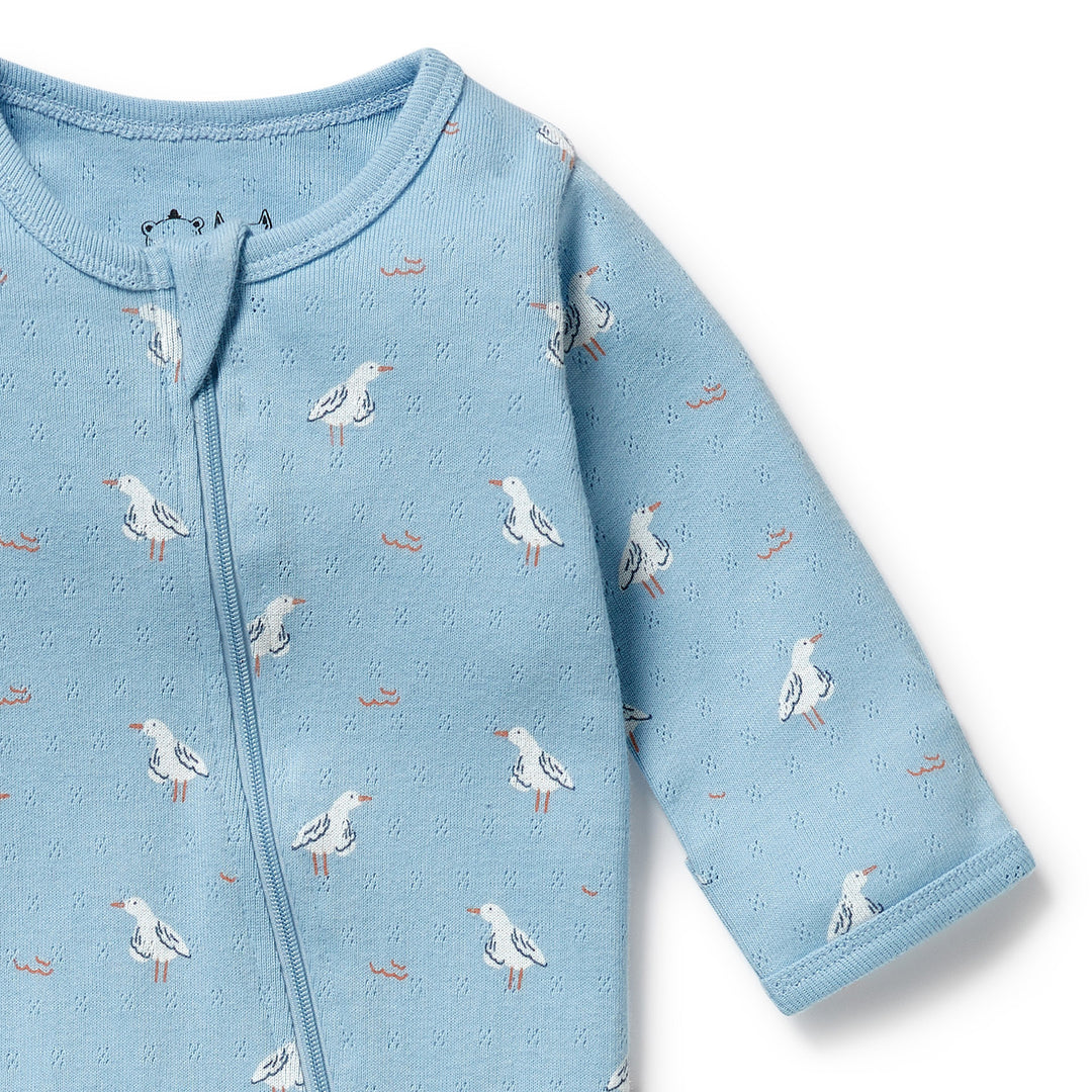 Wilson & Frenchy Organic Pointelle Zipsuit with Feet - Sunny Seagulls