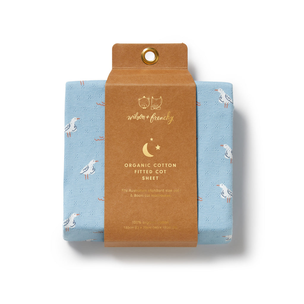 Organic Pointelle Cot Sheet - Sunny Seagulls