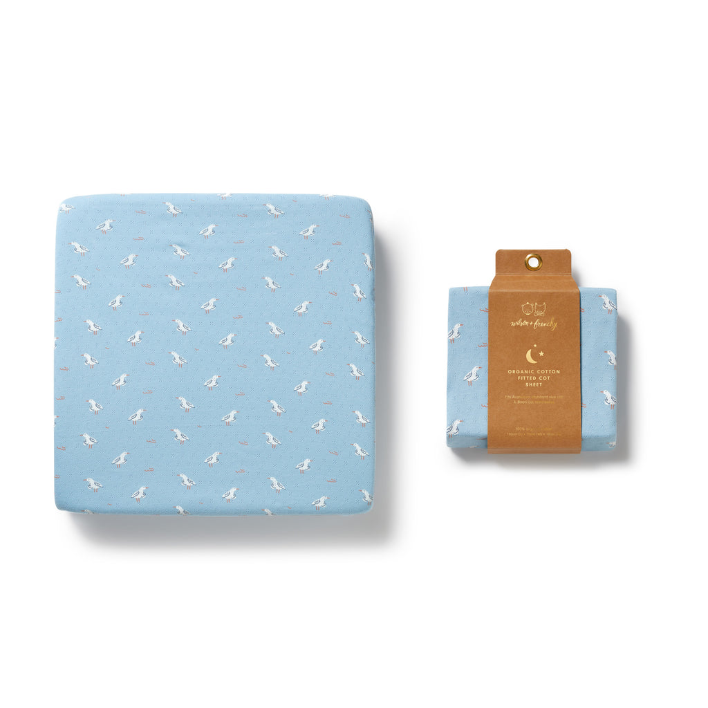 Organic Pointelle Cot Sheet - Sunny Seagulls