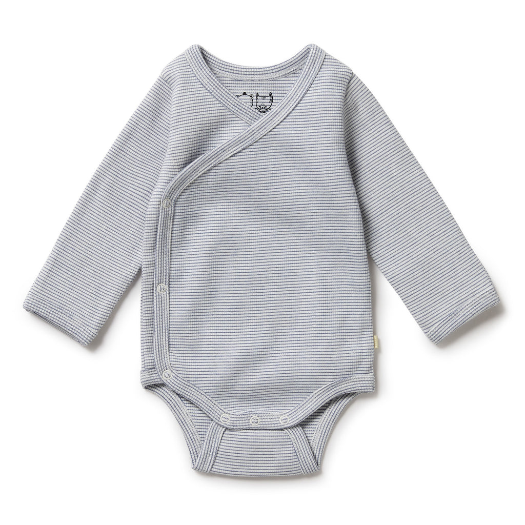Organic Stripe Rib Kimono Bodysuit Rain Drop
