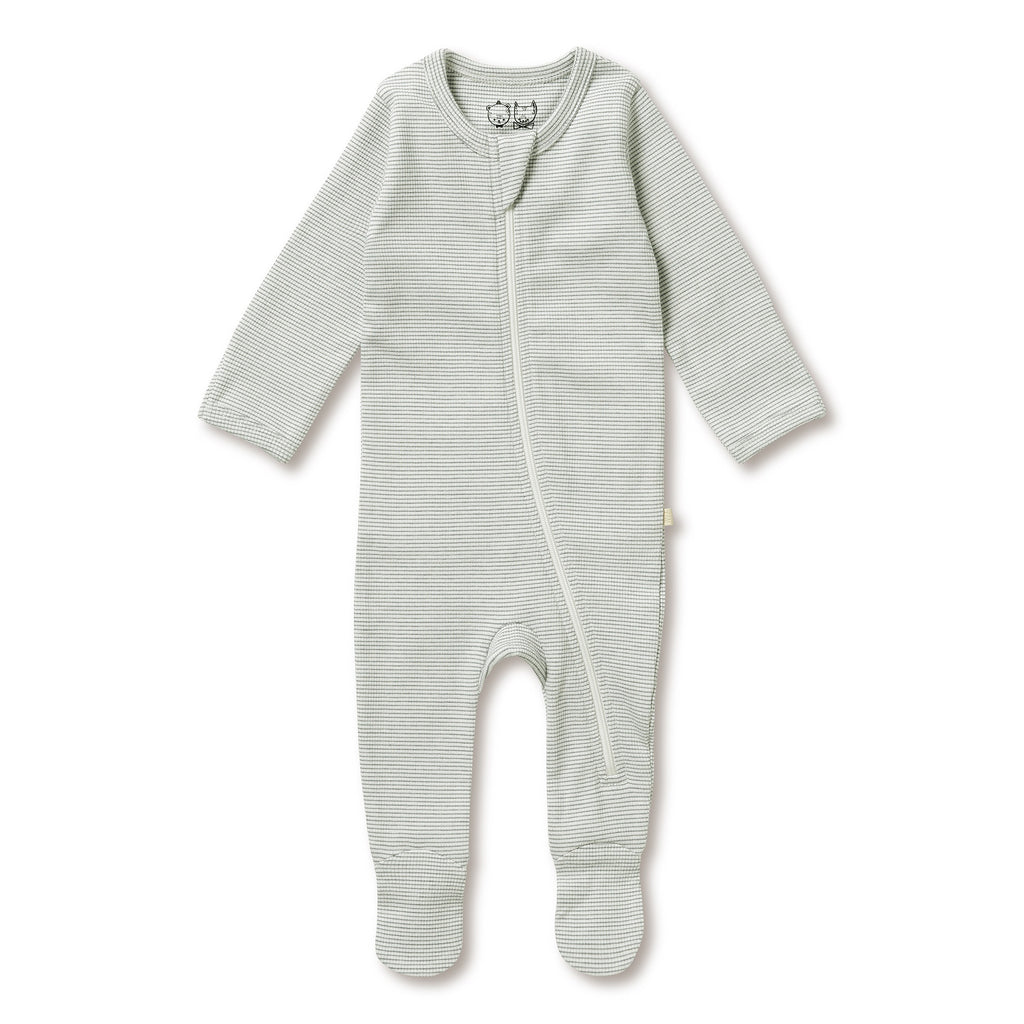 Organic Stripe Rib Zipsuit with Feet Fern