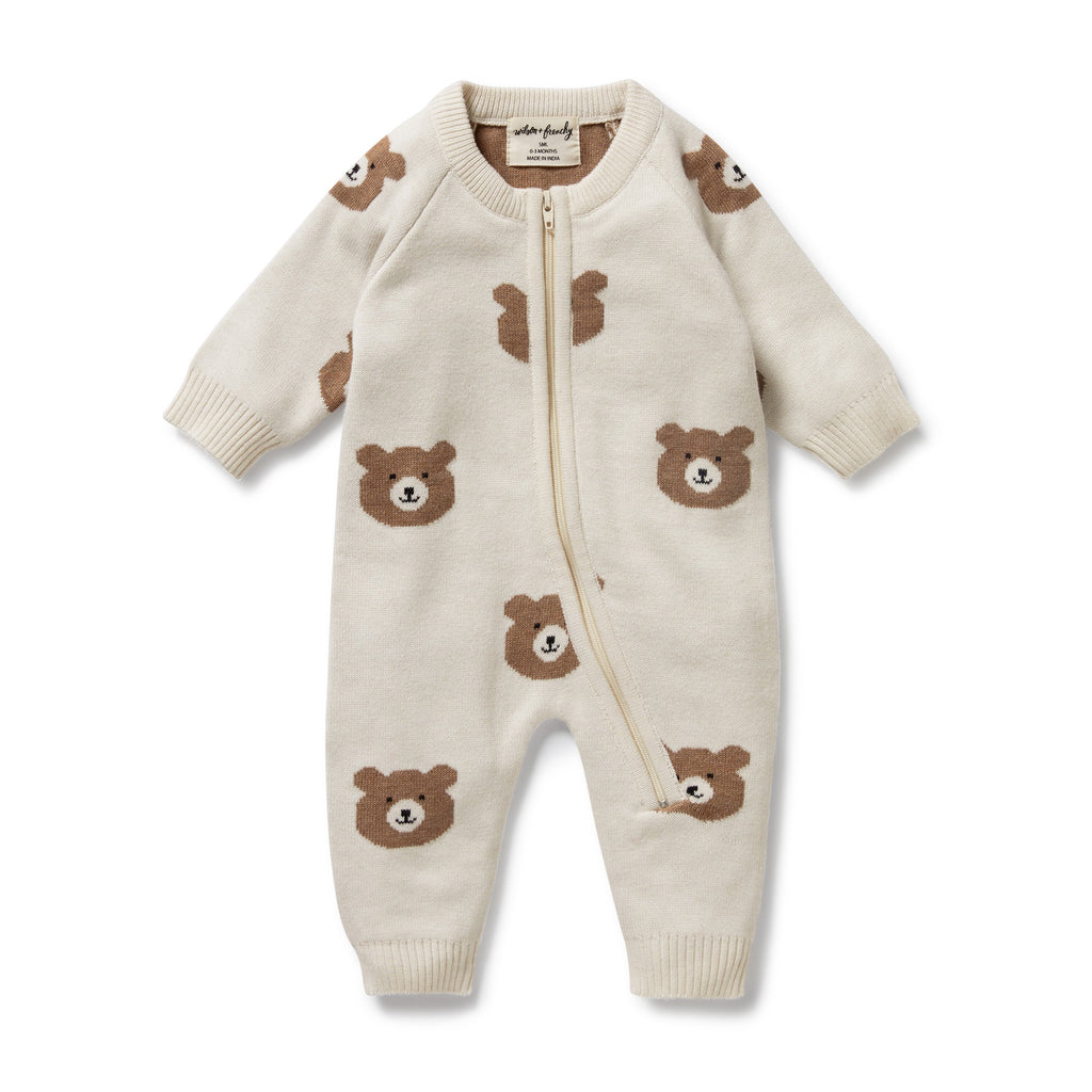 Organic Knitted Jacquard Growsuit - Beary Cute