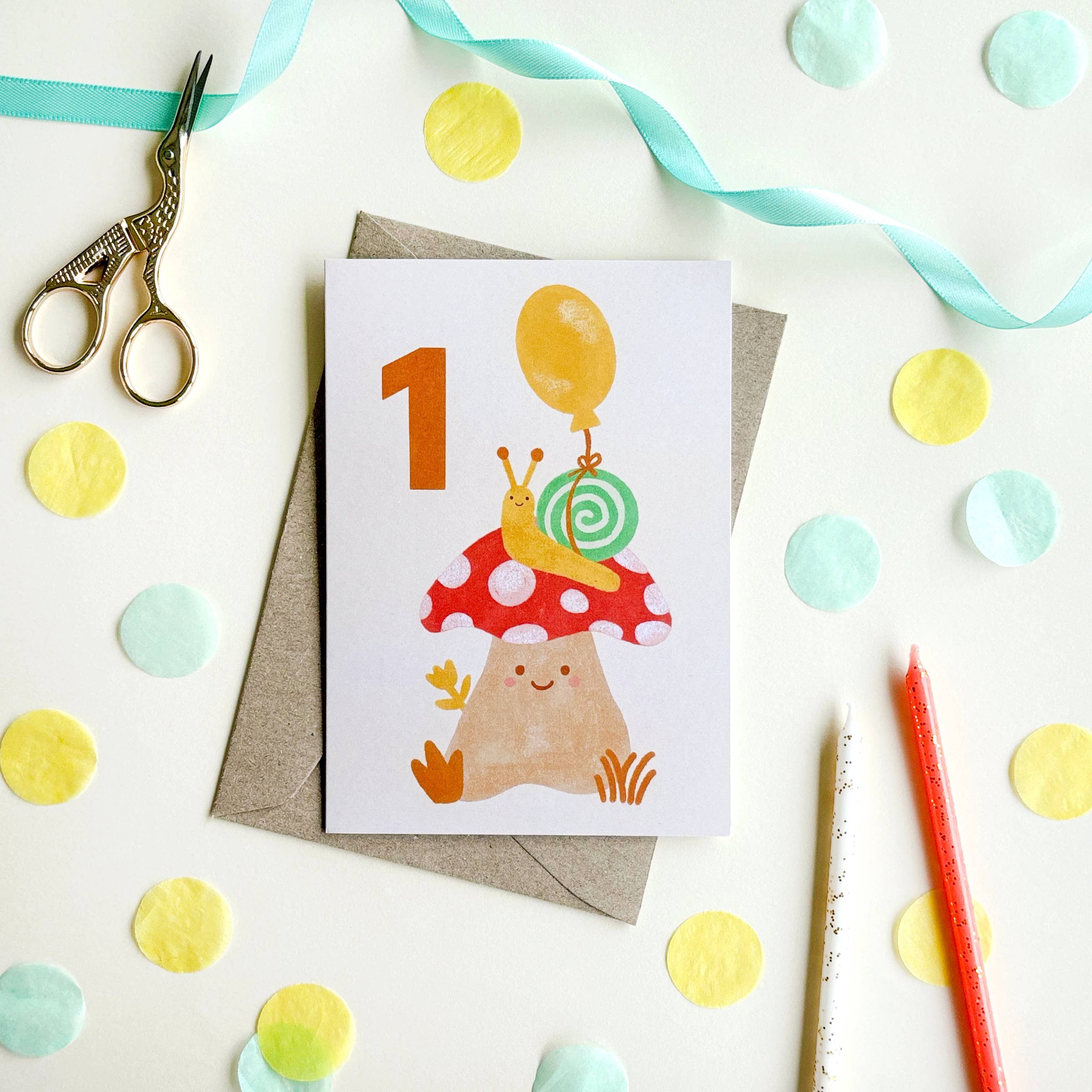 Mushroom Snail 1st Birthday Card