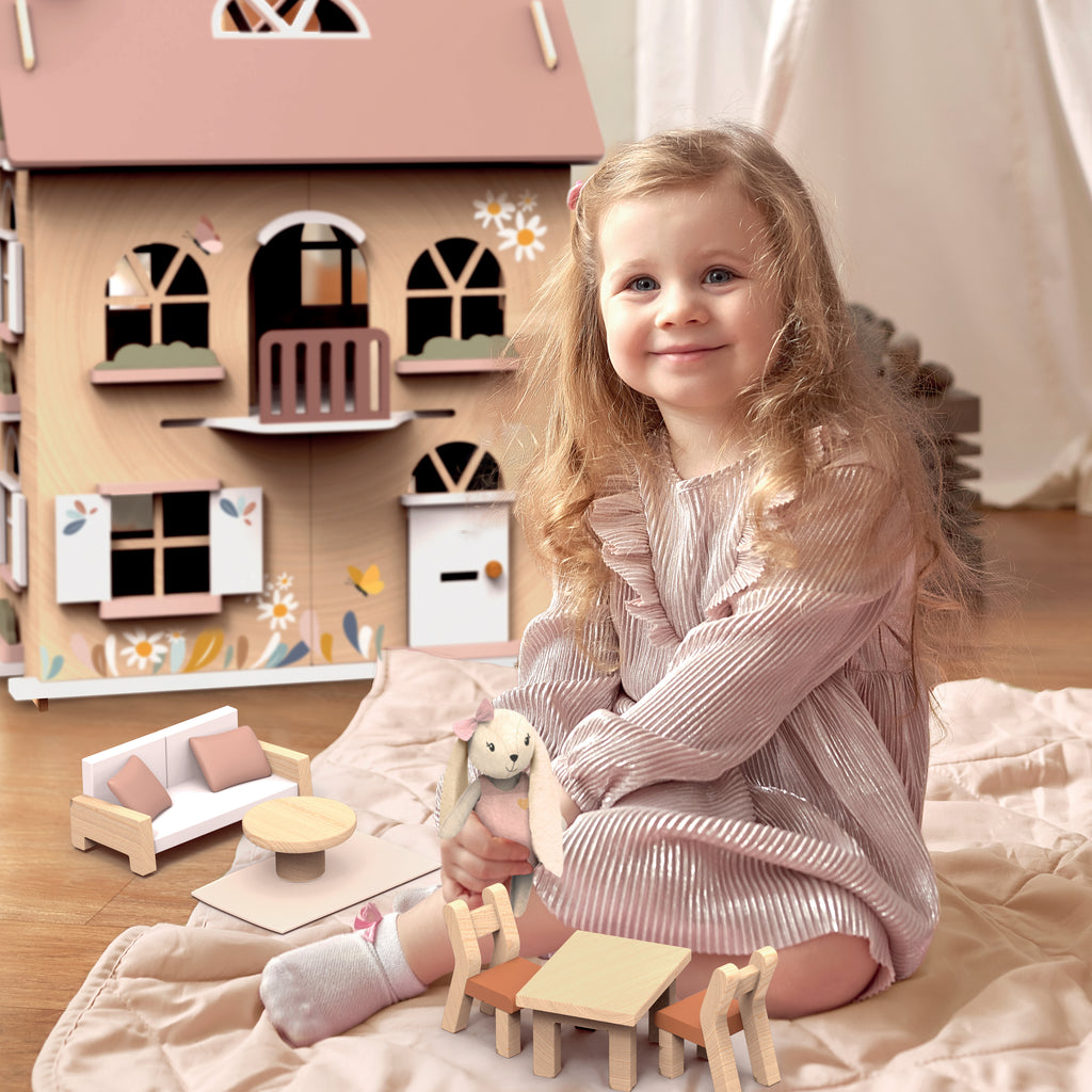 Speedy Monkey - Flower Cottage Dolls House with Starter Furniture Set