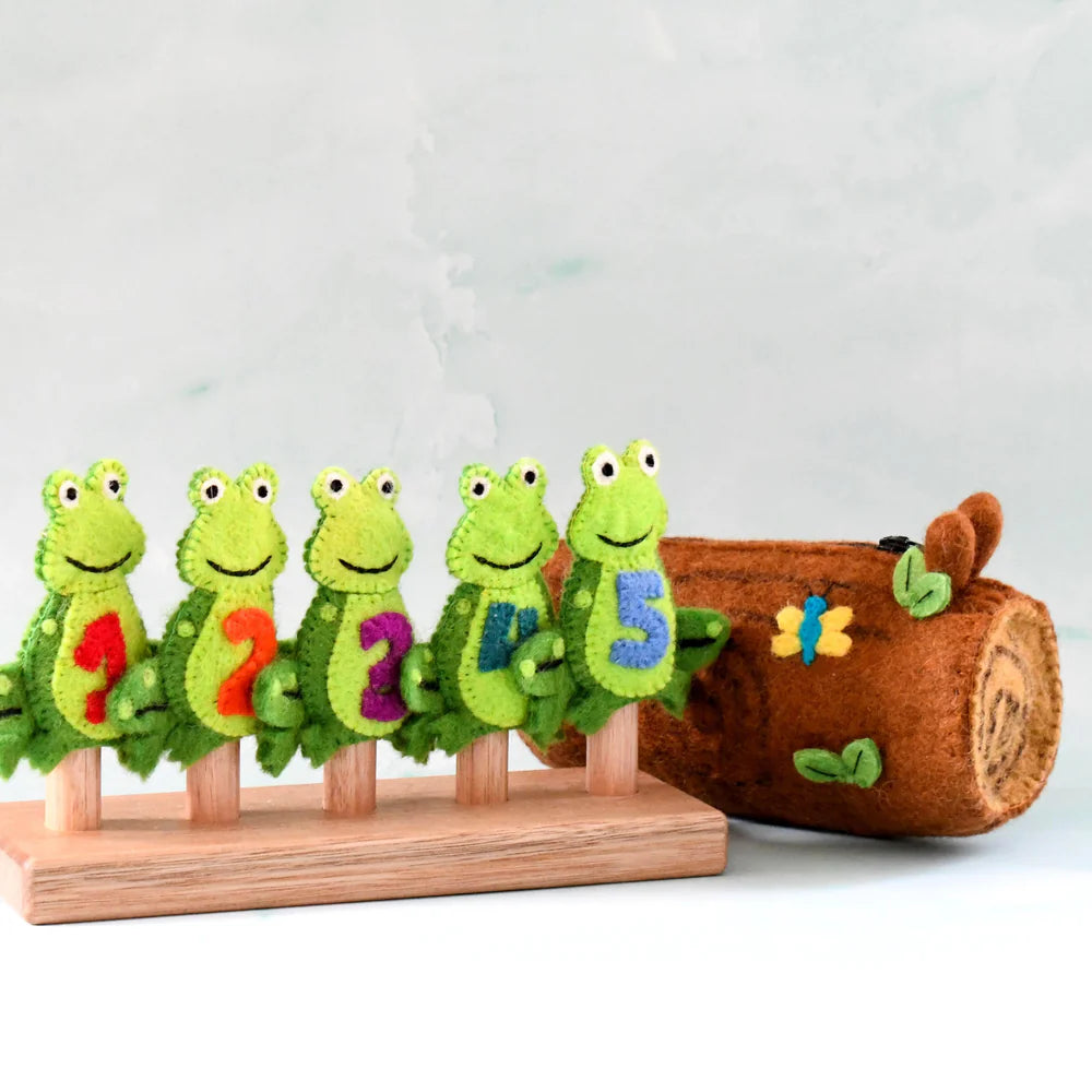 Finger Puppet Set - 5 Little Speckled Frogs with Log
