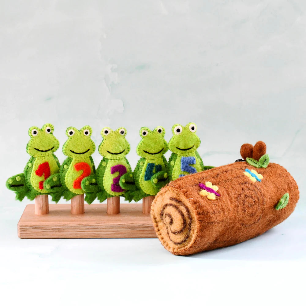 Finger Puppet Set - 5 Little Speckled Frogs with Log