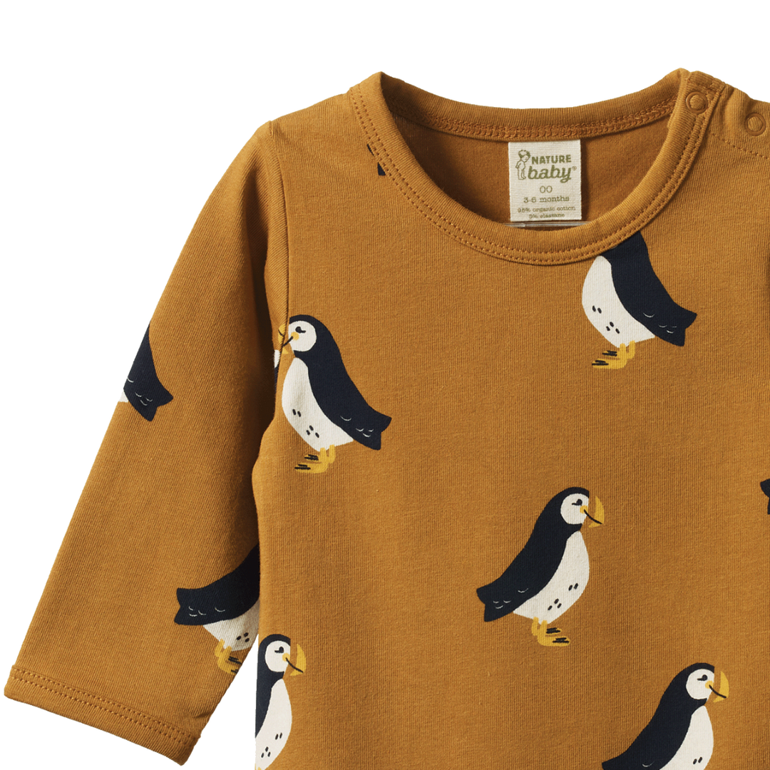 Nature Baby Stretch Jersey Long Sleeve Bodysuit - Puffin Toffee Print