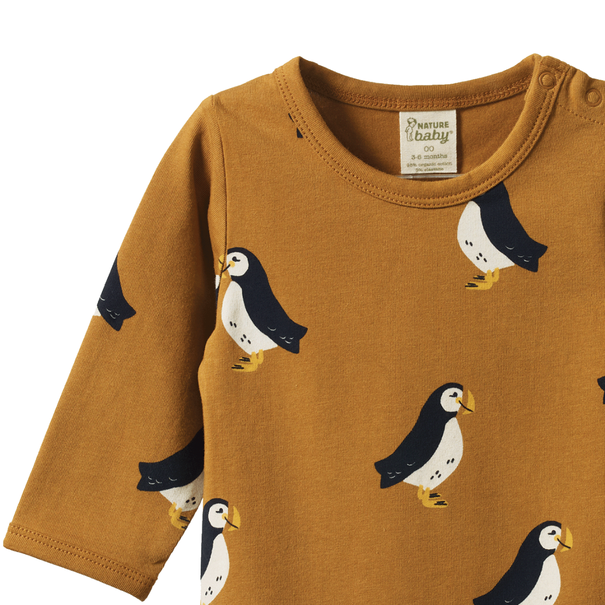 Nature Baby Stretch Jersey Long Sleeve Bodysuit - Puffin Toffee Print