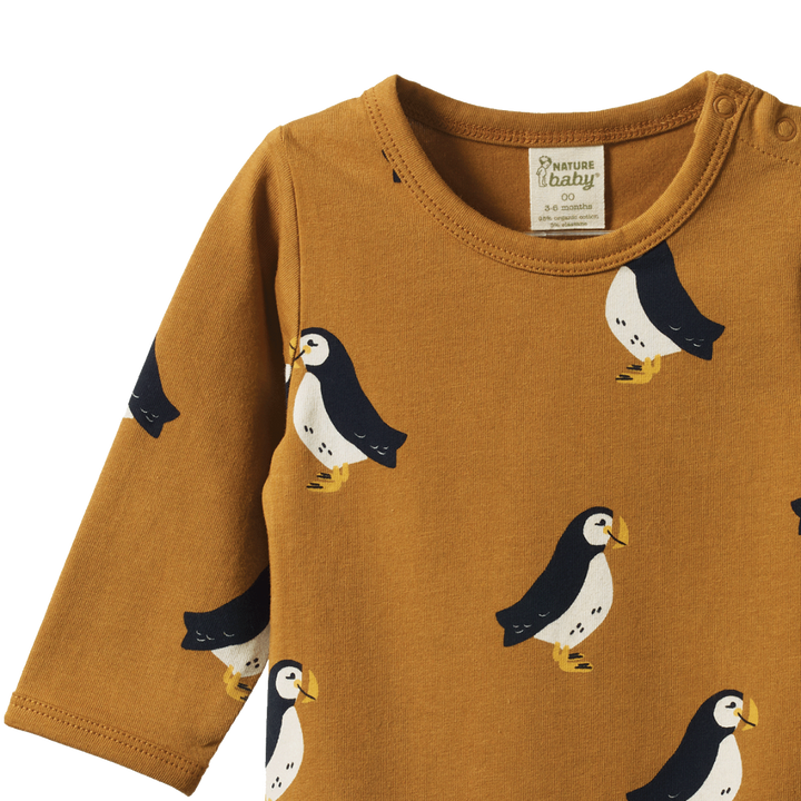 Nature Baby Stretch Jersey Long Sleeve Bodysuit - Puffin Toffee Print