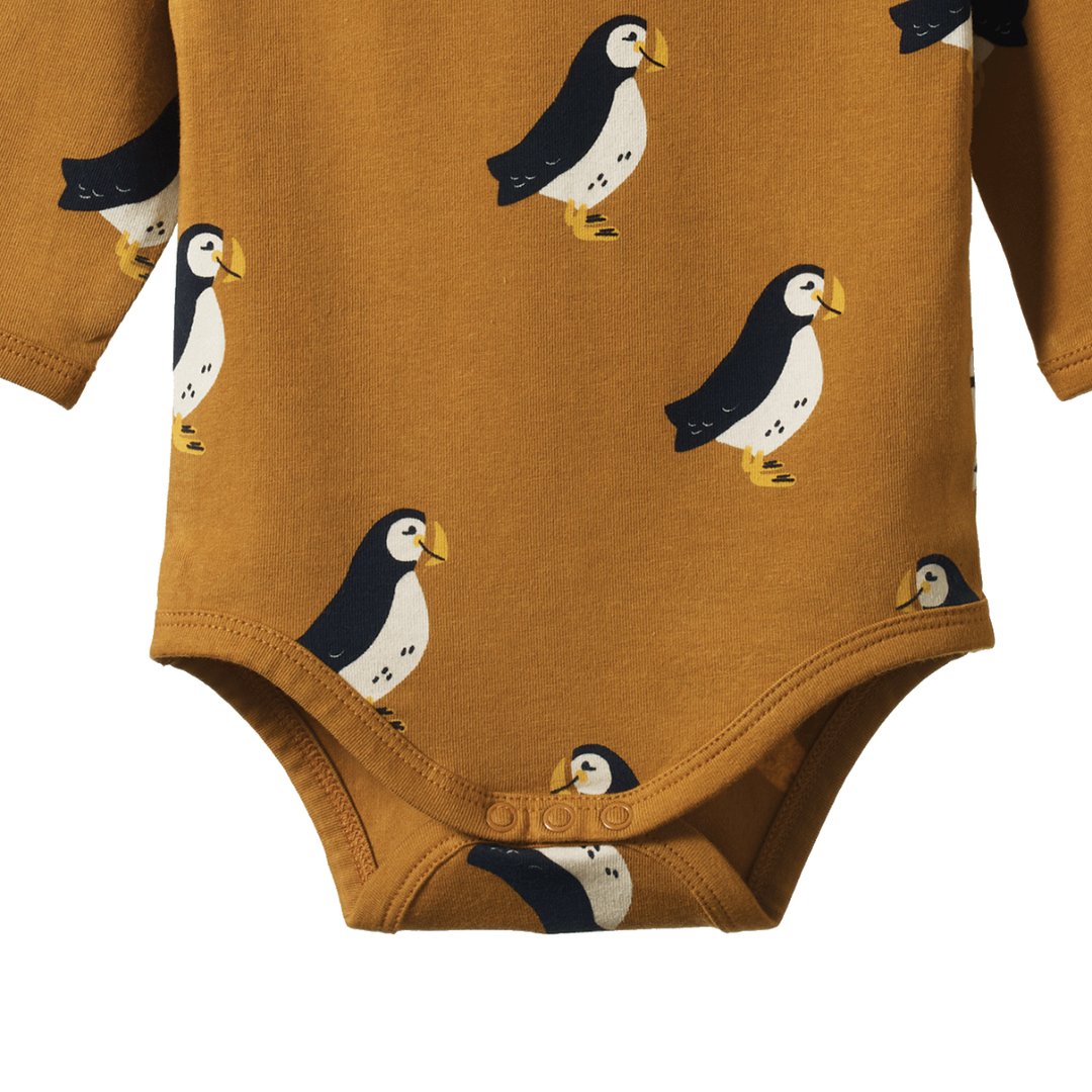 Nature Baby Stretch Jersey Long Sleeve Bodysuit - Puffin Toffee Print
