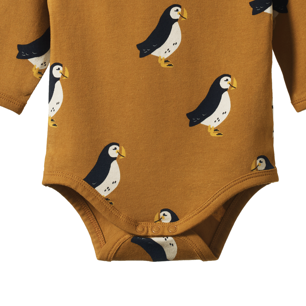 Nature Baby Stretch Jersey Long Sleeve Bodysuit - Puffin Toffee Print
