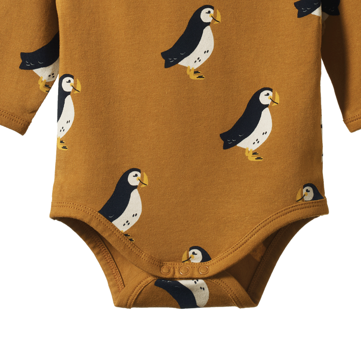 Nature Baby Stretch Jersey Long Sleeve Bodysuit - Puffin Toffee Print