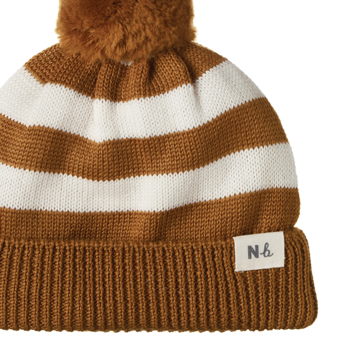 Nature Baby Alpine Pom Pom Beanie - Toffee Bold Stripe