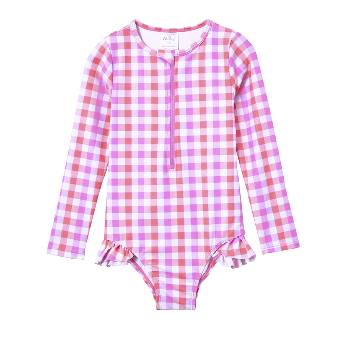 Milky Neon Gingham Long Sleeve Swimsuit - Pink/Lilac