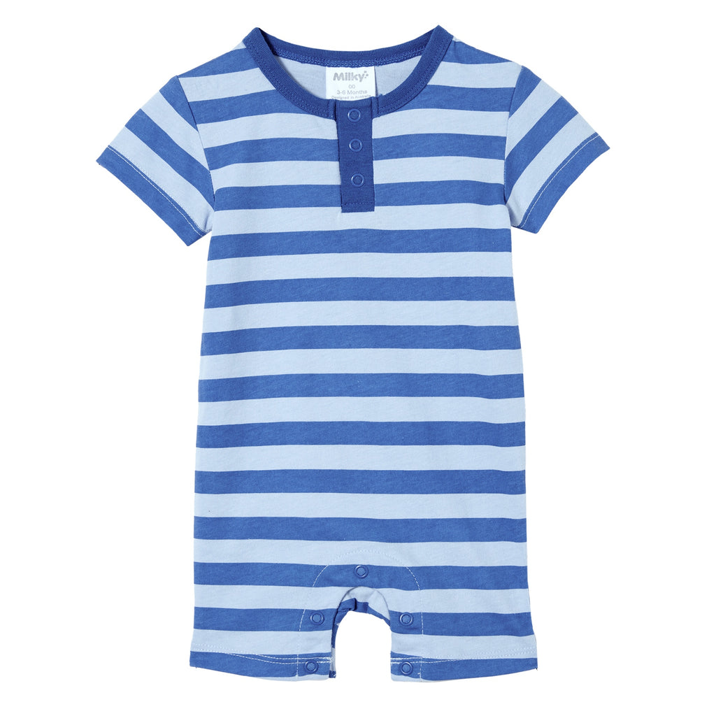 Milky Denim Blue Stripe Henley Romper - Blue Stripe