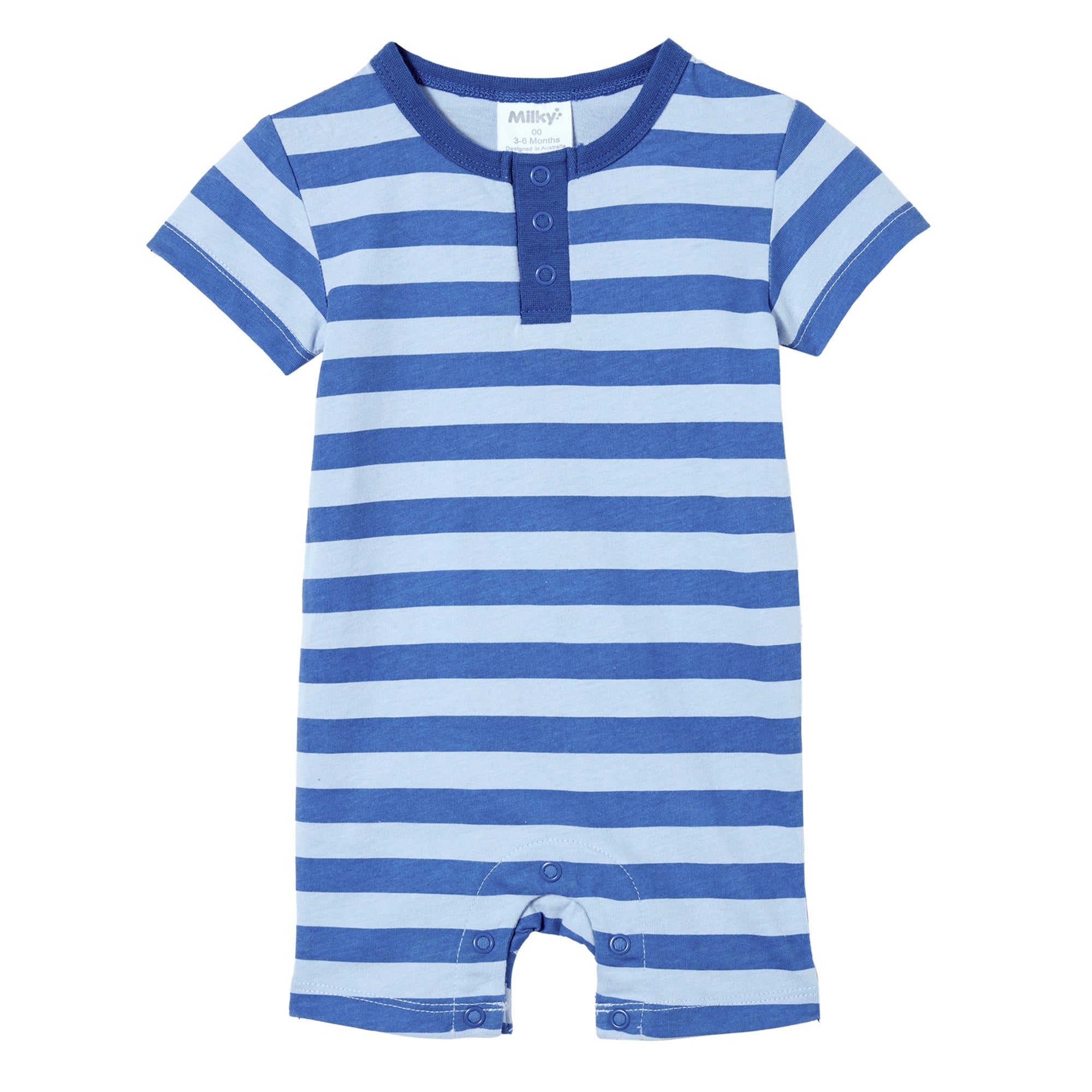 Milky Denim Blue Stripe Henley Romper - Blue Stripe