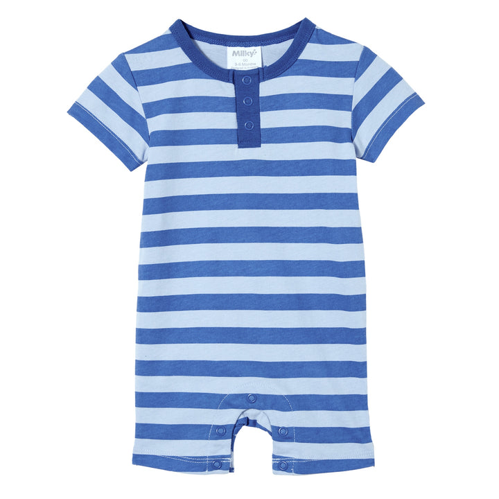 Milky Denim Blue Stripe Henley Romper - Blue Stripe