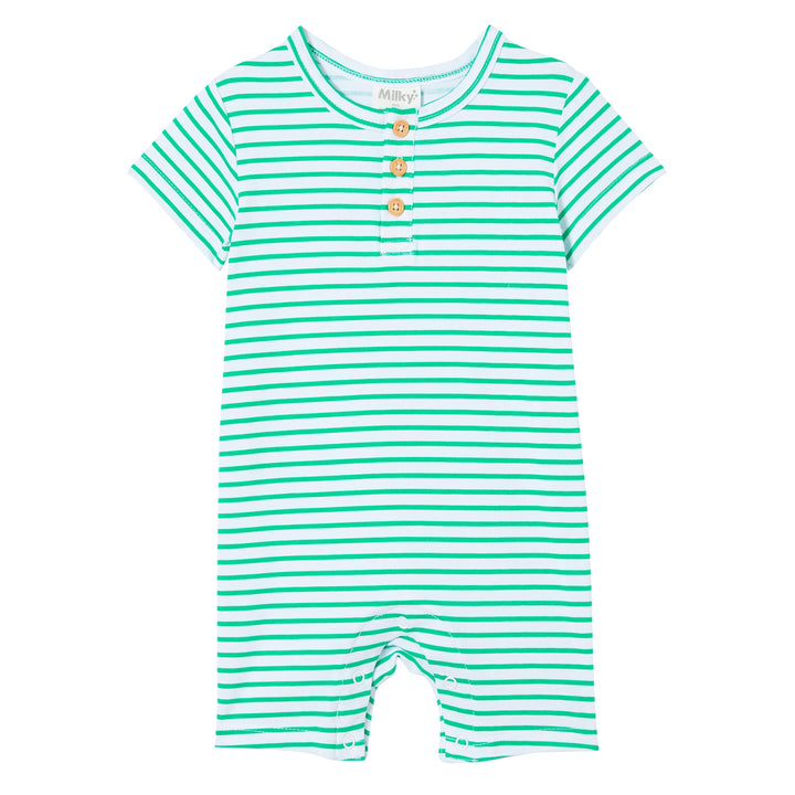 Milky Green Stripe Henley Romper - Green Mini Stripe