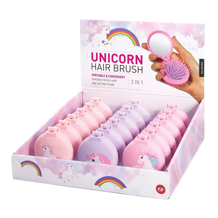 Unicorn Compact Hair Brush and Mirror - Assorted