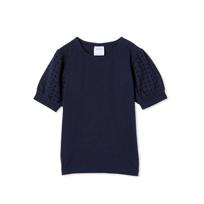 Milky Baby Navy Broderie Sleeve Tee