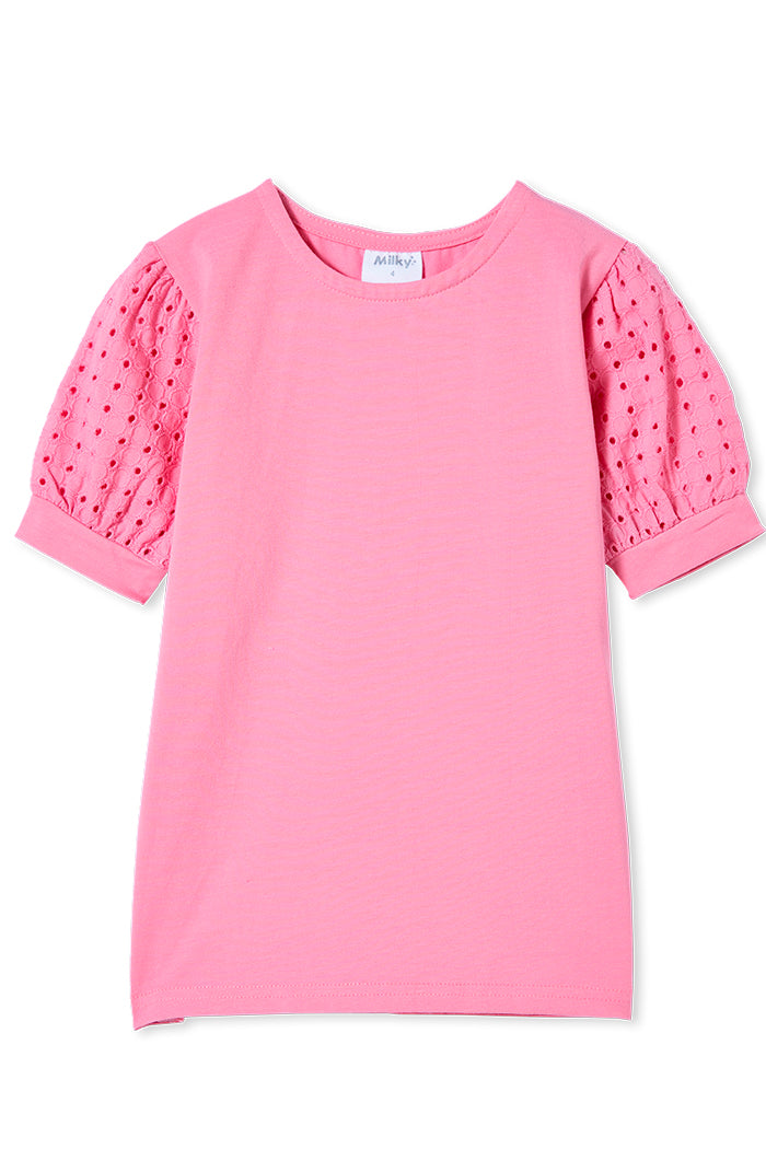 Milky Baby Pink Broderie Sleeve Tee - Begonia