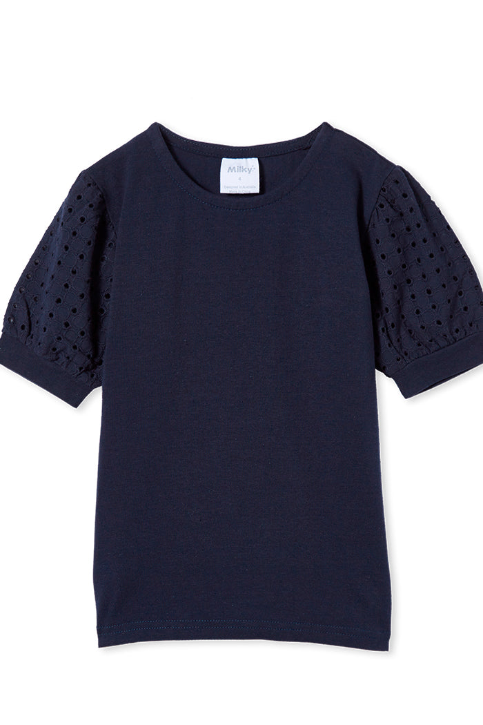 Milky Baby Navy Broderie Sleeve Tee