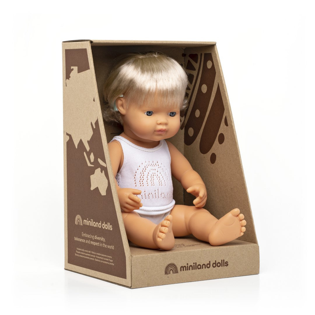 Miniland Anatomically Correct Baby Doll Caucasian Girl with Hearing Implant, 38 cm