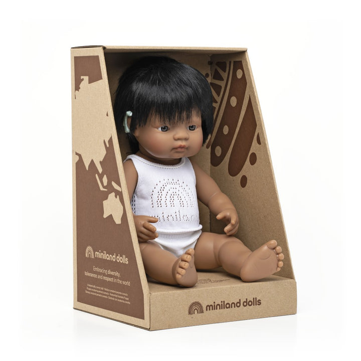Miniland Anatomically Correct Baby Doll Latin American Boy with Hearing Implant, 38 cm
