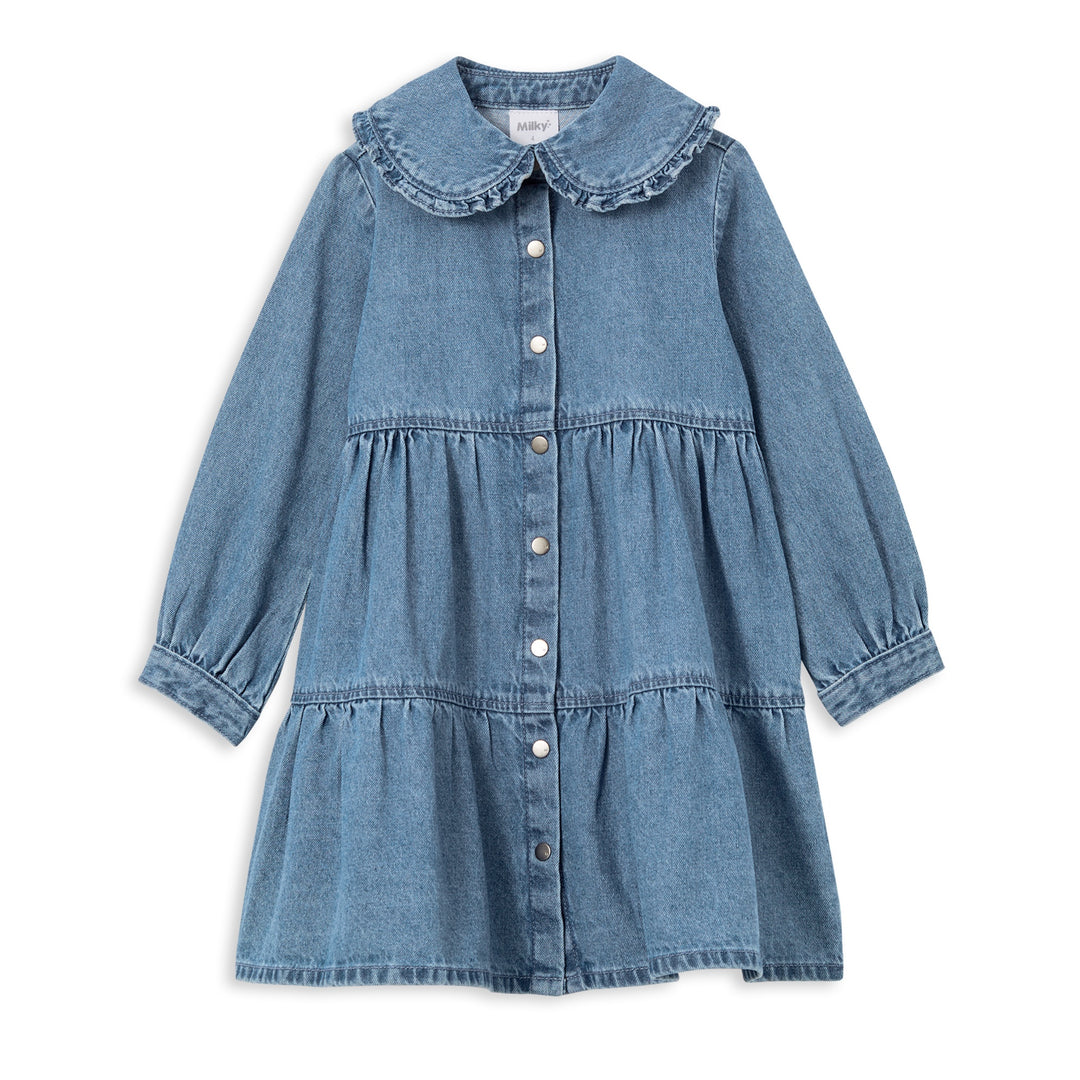 Milky Tiered Collared Dress - Denim