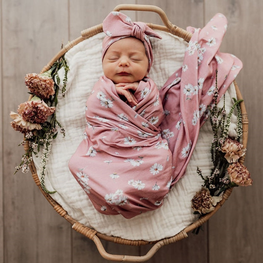 Snuggle Hunny Baby Jersey Wrap & Topknot Set - Daisy