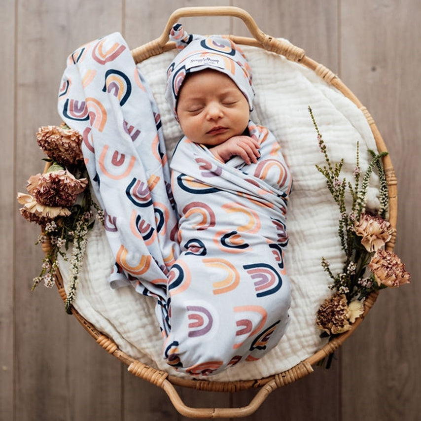 Snuggle Hunny Baby Jersey Wrap & Beanie Set - Sunset Rainbow