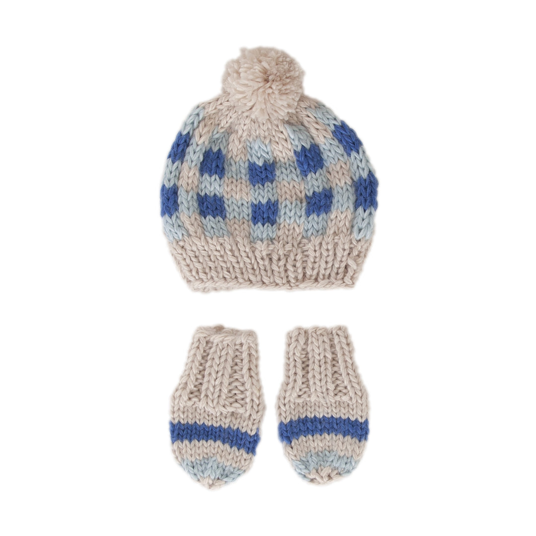 Acorn Checks Beanie and Mittens Set - Blue